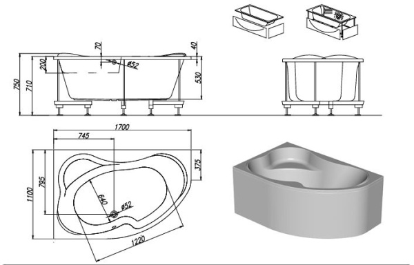 Акриловая ванна Kolpa-San Lulu 170х110 R белая, с каркасом и экраном Акриловая ванна Kolpa-San Lulu 170х110 R белая, с каркасом и экраном